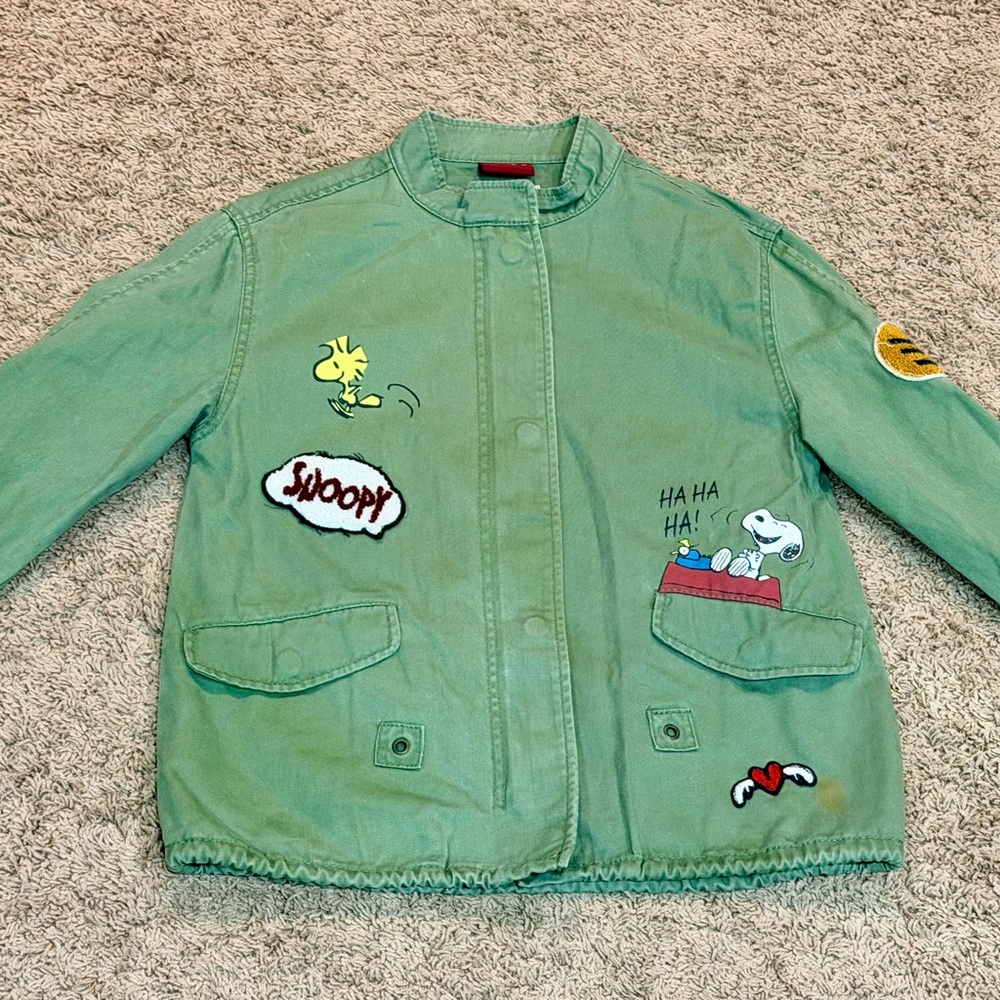 Zara Girls Peanuts Snoopy & Woodstock Green Military Jacket Youth 9/10 - Picture 3 of 6
